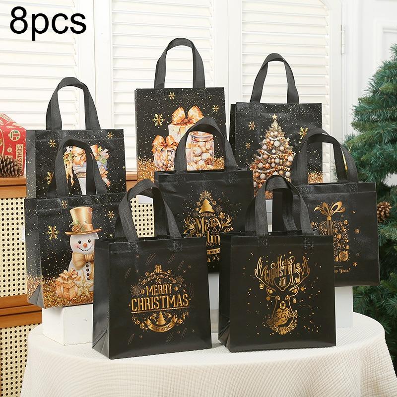 

8/16pcs Elegant Black Christmas Gift Bags with Sturdy Handles - Luxury Golden Foil Holiday designs (Trees, Presents, Snowflakes) one size fits all