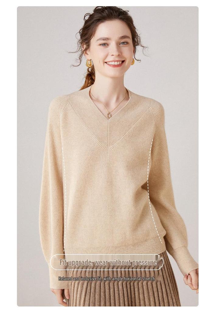 Autumn/Winter 2026 Coin Stitch V-neck Cashmere Sweater for Women - Loose, Slimming, Lazy Style Knit Base Layer