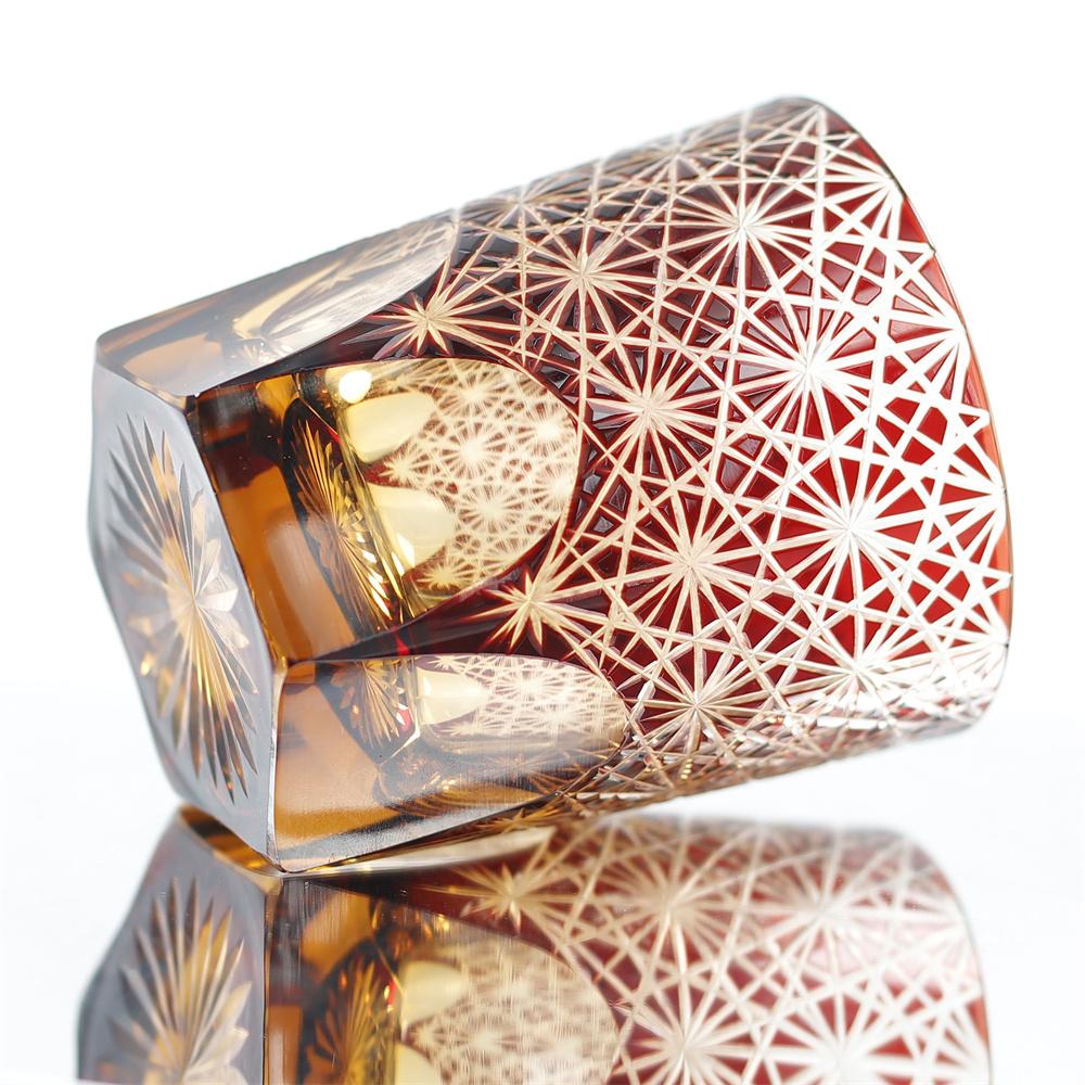Handcrafted Edo Kiriko 240ml 320 ml Amber Colored Rocks Whiskey Tumbler Cocktail Glass for Home Bar Decor
