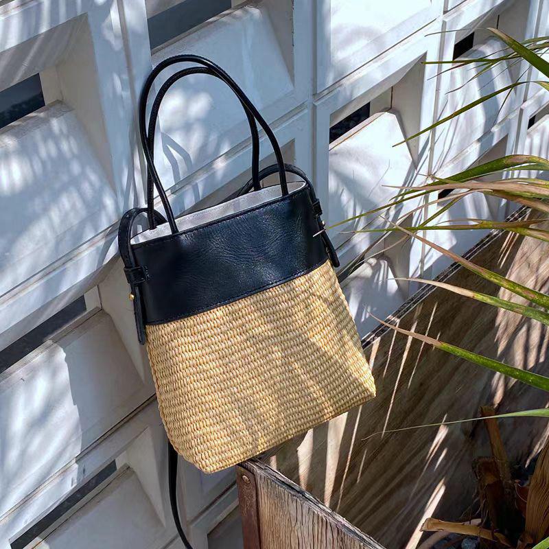 Summer Straw Beach Bag Retro Patchwork Brown Raffia Bag Tote Designer Women Crossbody Bucket Bag Color Blocking Long Shoulderbag