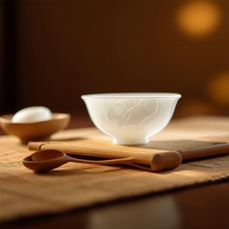 Premium Mutton Fat Jade Ceramic Gongfu Tea Set - Aroma Tasting Cup with Coaster, Customizable for Guests