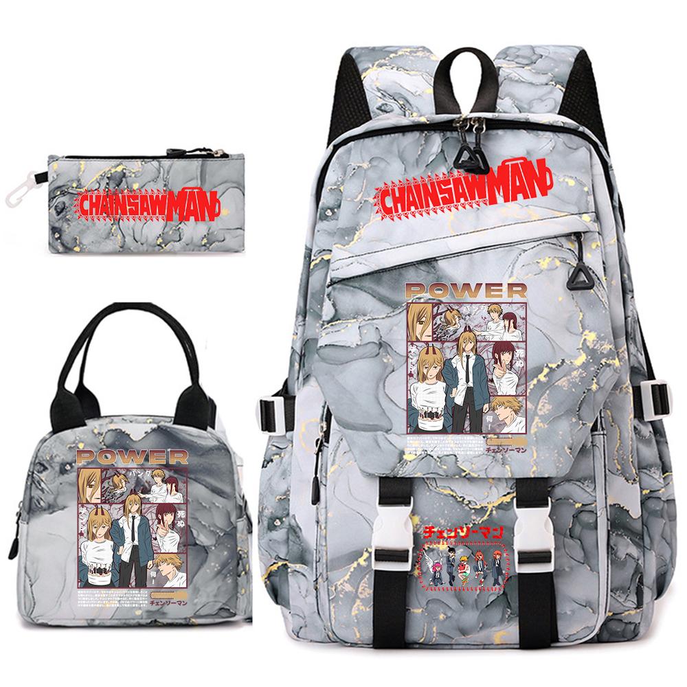 Chainsaw Man Anime Print Student Backpack Set for Girls with Lunch Bag Pencil Case School Daily Use