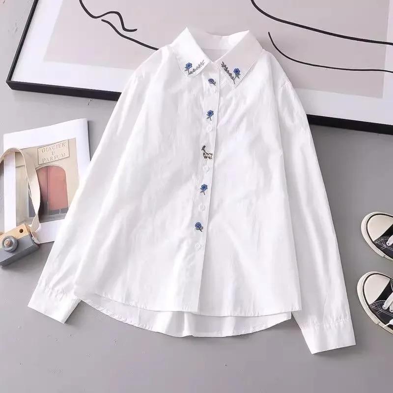 Spring Autumn White Shirts Women Turn Down Collar Embroidered Long Sleeve Casual Little Blue Flower
