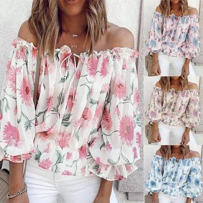 Sommer Elegantes Blumendruck Lose Chiffon Top Damenmode Sexy Slash Neck Lace-up Off Shoulder Party Blusen Tops