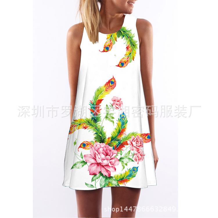 European and American Hot-selling New Digital Printing Round Neck Big Pendulum Loose Off-the-shoulder Medium and Long Vest Sleeveless Dress