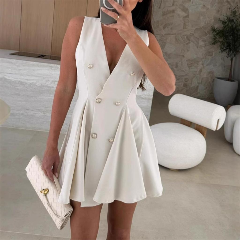 Vară Nouă Culoare Solidă Piept Dublu Gât în V Fără Mâneci Costum Rochii cu Talie pentru Femei