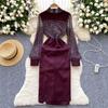 Chic French Style Evening Party Dress for Ladies V Neck Long Sleeves 3D Floral Mesh Sequins Satin Splice Senior Dresses