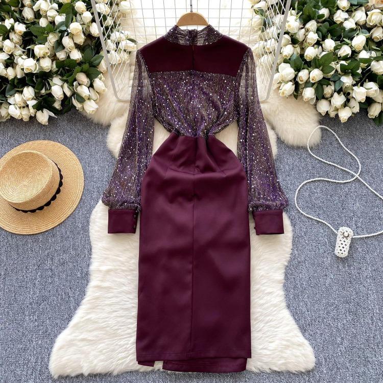 Chic French Style Evening Party Dress for Ladies V Neck Long Sleeves 3D Floral Mesh Sequins Satin Splice Senior Dresses