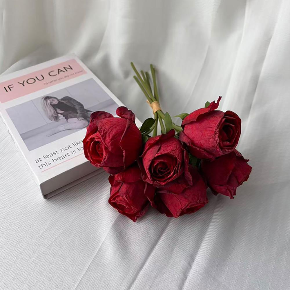

6PCS/Bundle Multicolor Rose Artificial Flower Silk Petals Bridal Bouquet Faux Flower Photo Props Burned Roses красный