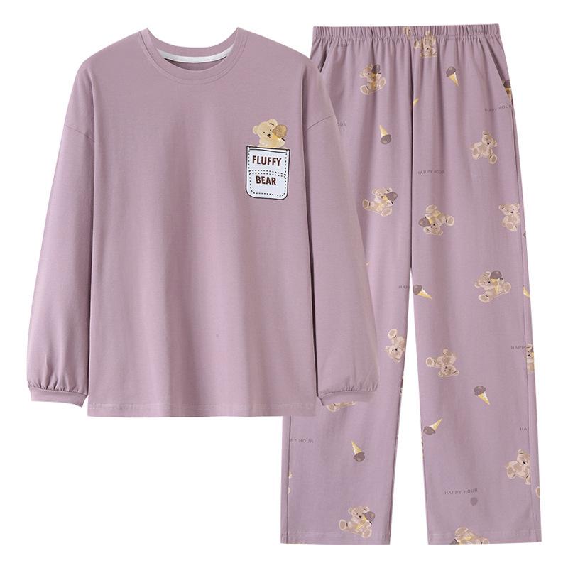 Damen Schlafanzugset aus bedruckter Baumwolle - Langärmeliges Oberteil mit Rundhalsausschnitt & Hose für drinnen oder draußen