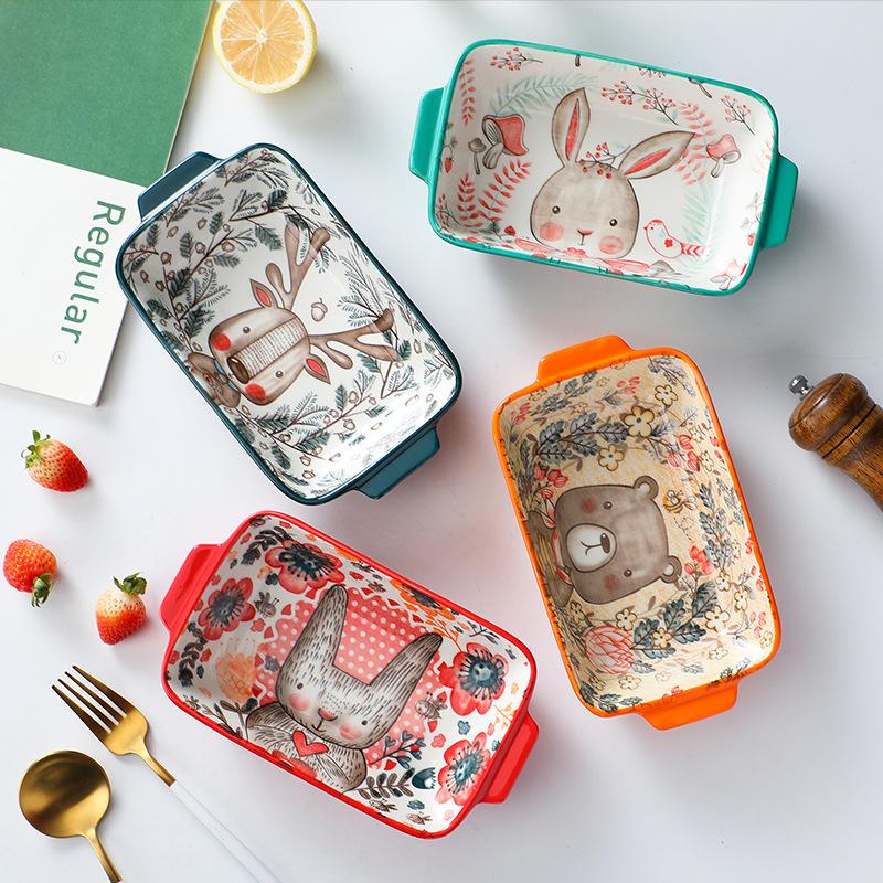 Creative Cute Cartoon Ceramic Double Ear Baking Plate Restaurant Home Microwave Cheese Baked Rice Plate Vegetable Plate Western