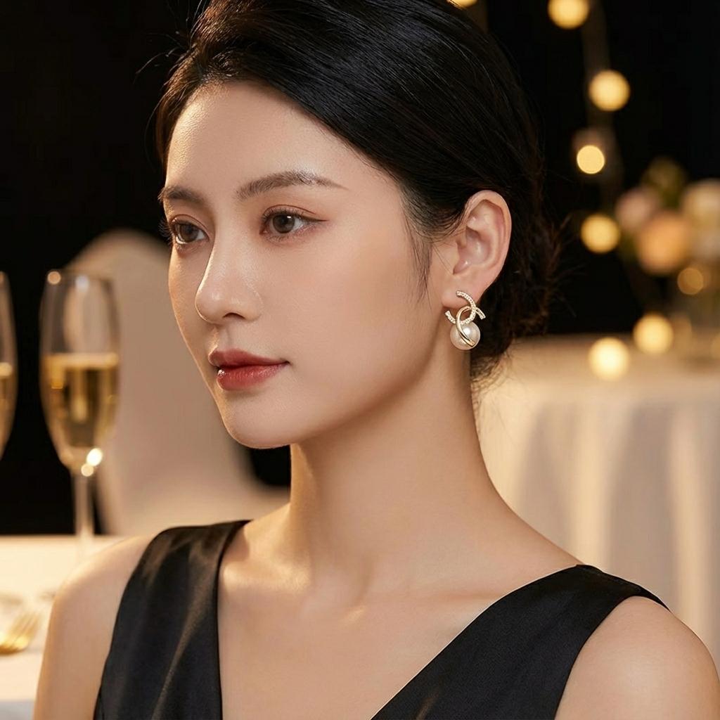 Gold Plated Pearl Drop Earrings for Women, Cubic Zirconia Interlocking Double C Studs, Trendy Elegant Crystal Statement Jewelry