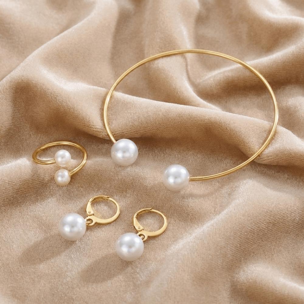 Vintage Style Imitation Pearl Earrings Ring Bangle Elegant Gold Color Jewelry Jewelry Set  Women