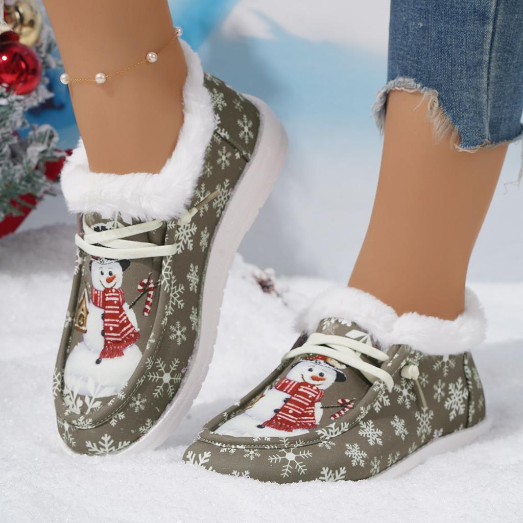 WPMEN Stiefeletten Weihnachts-Canvas-Schuhe Damen Vielseitig Warme Loafer Kurze Schneestiefel Damen Freizeit Übergröße Baumwoll-Flats