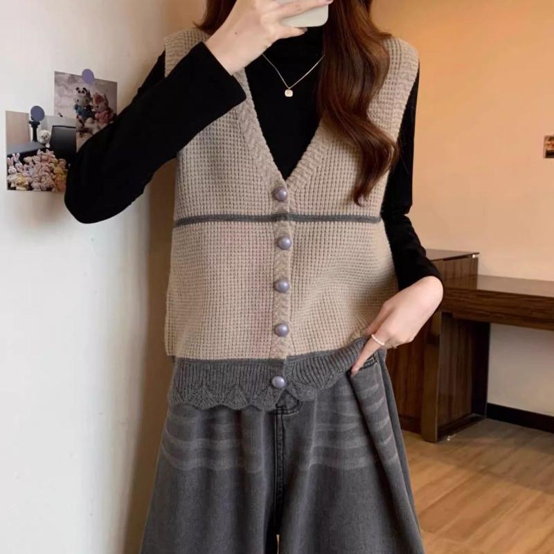 Women's Knitted Vest Gilet Korean Style Loose V Neck Outerwear Sweater Waistcoat for Spring Autumn Winter