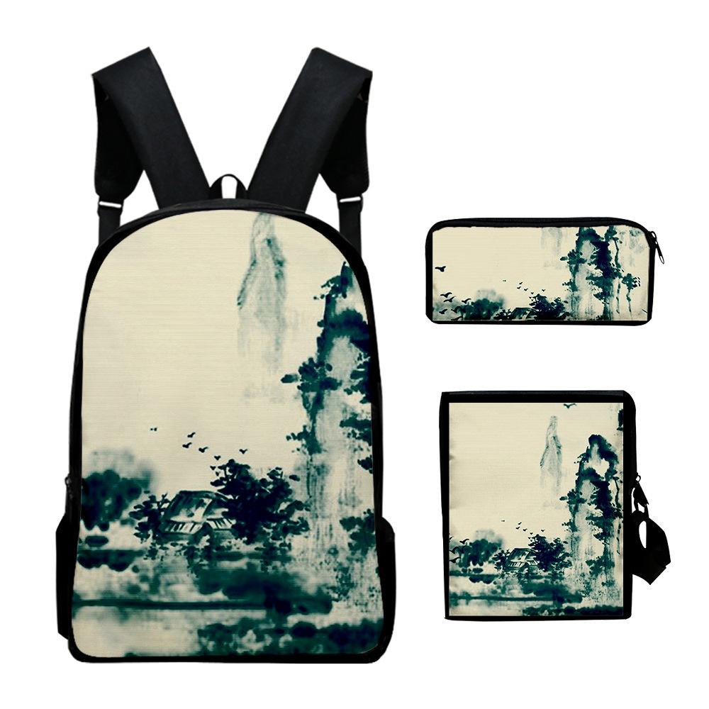 Popular Chinese style ink painting 3D Print 3pcs/Set School Bags Laptop Daypack Backpack Inclined shoulder bag Pencil Case