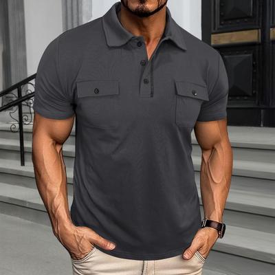 Tricou cu rever pentru bărbați cu buzunare la piept, mânecă scurtă, cu guler cu nasturi, tricou casual de culoare uni pentru sală, streetwear