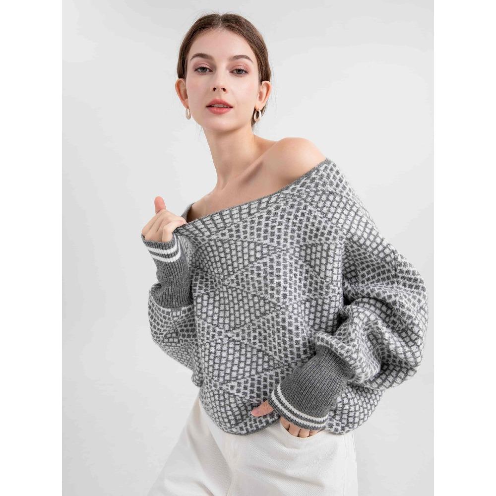 One-neck Wool Sweater, Long-sleeved Checked Knitted Sweater, Pullover, Off-the-shoulder Women's Outerwear