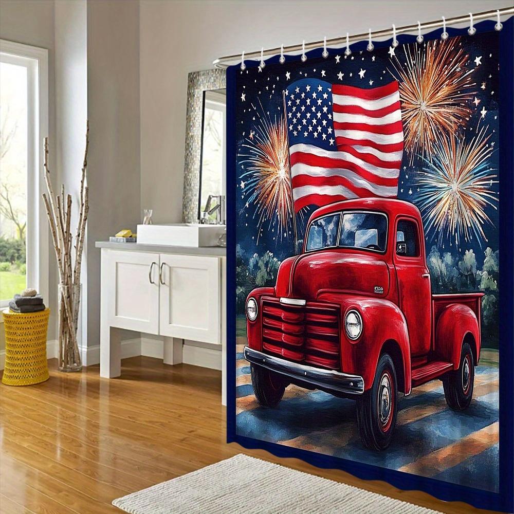 Patriotic Truck Shower Curtain - Vibrant Pickup, Red Chrome, American Flag, Classic Americana, Water-Resistant Polyester