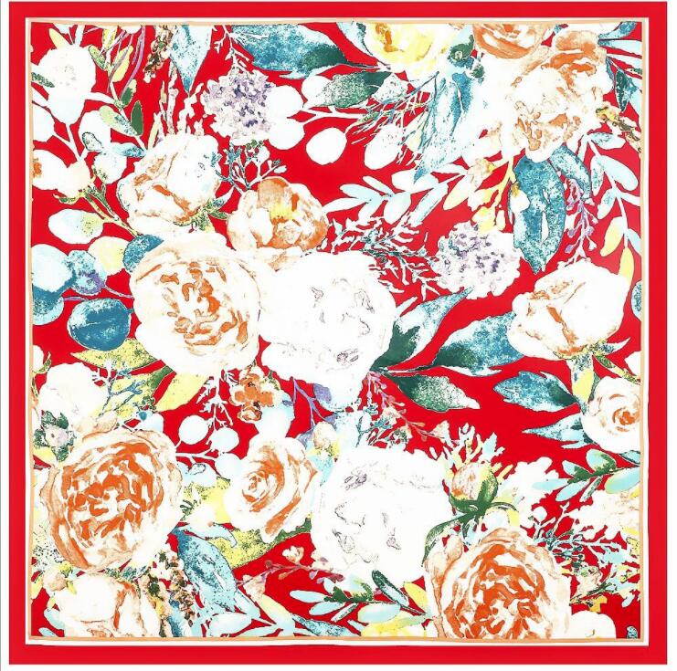 Women Twill Silk Shawl Large Square Scarf 130*130cm Rose Floral Design Oversize Scarves Lady Gifts Present Scarves