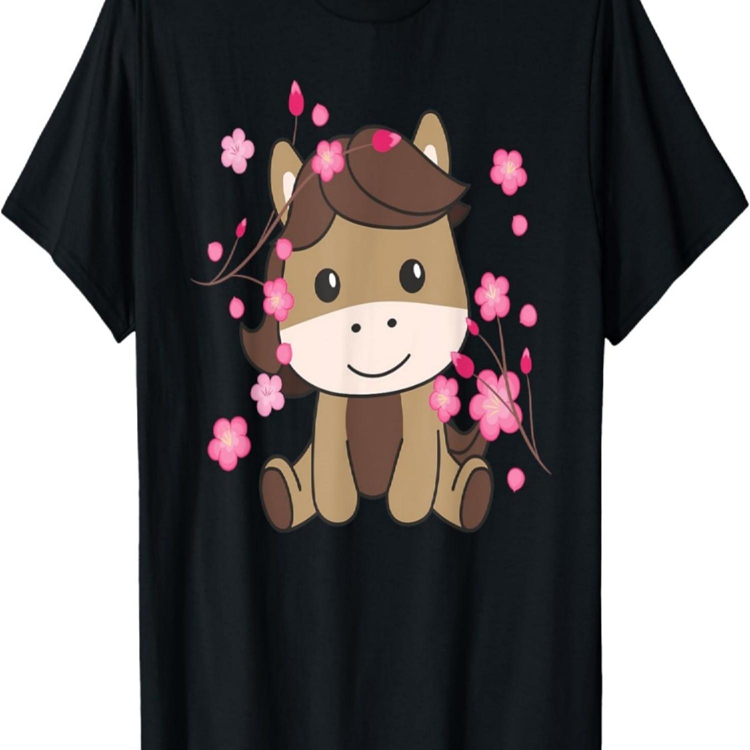 Horse Cute Animals For Kids Kawaii Cherry Blossoms T-Shirt S чёрный