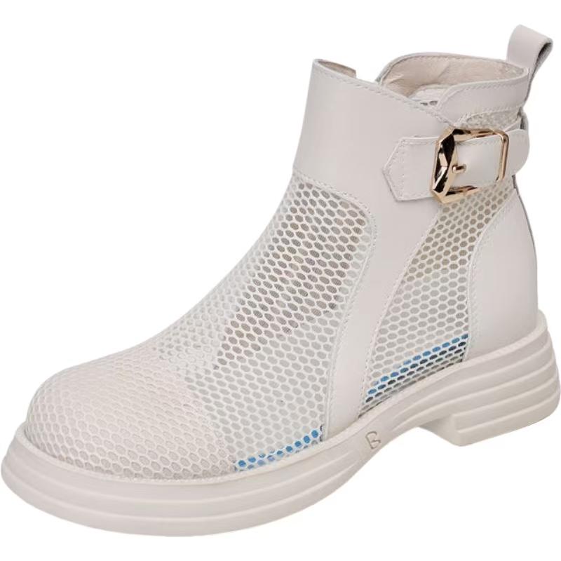 Damen Stiefeletten mit niedrigem Absatz, große Größen, Leder-Netz-Kombination, Frühling/Sommer, dicke Sohle, rutschfest, runde Spitze, leicht, atmungsaktiv, coole Stiefel