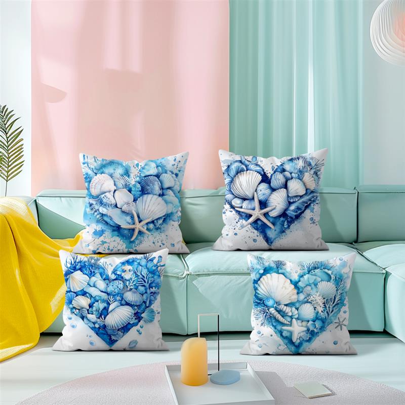 Short Plush Material Pillowcasehome Decor Seashells And Starfish Heart-Shaped Cushion Design Pattern Cushion Cover Suitable For