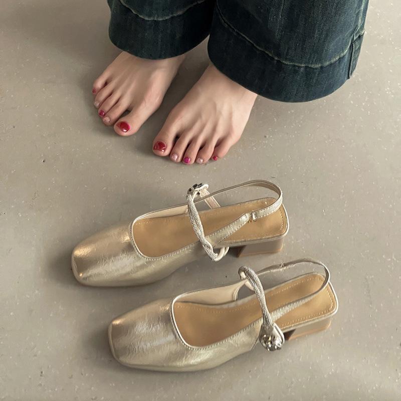 French Minimalist Temperament Square Head Thick Heel Mary Jane Shoes Women's 2025 New Summer Rhinestone Single Shoes Bag Head Sandals