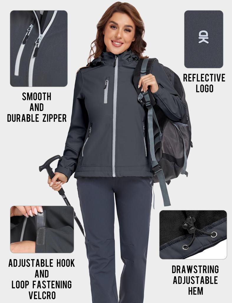 Little Donkey Andy Softshell Jacket with Detachable Fleece Size S Women's Ski/Snowboard Hood, Lining, Water-Repellent, Gray,