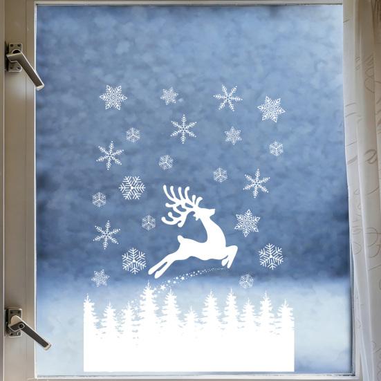 Christmas Window Clings White Elk Clings, Snowy Xmas Tree Windows Stickers, Shop Display Winter Forest Trees Decorations for Party Home Office