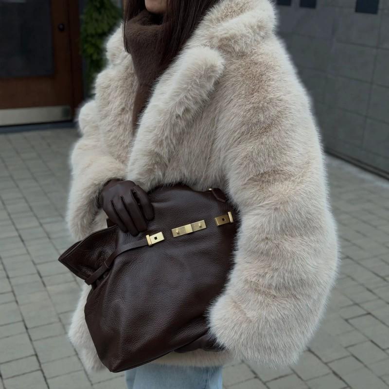Womens Faux Fur Coat Winter Thickened Mid-Length Jacket With Cotton Lining Loose Fit Street Style