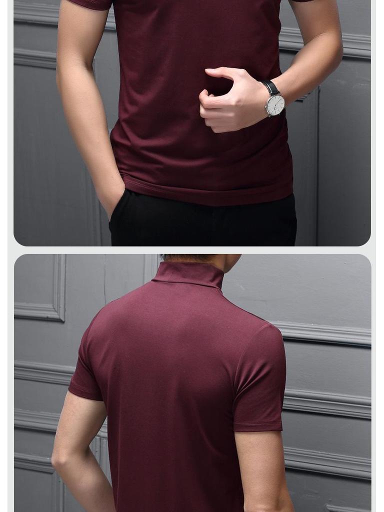 Men's Spring/Summer Milk Silk Turtleneck T-Shirt - Slim Fit, Solid Color, Short Sleeve