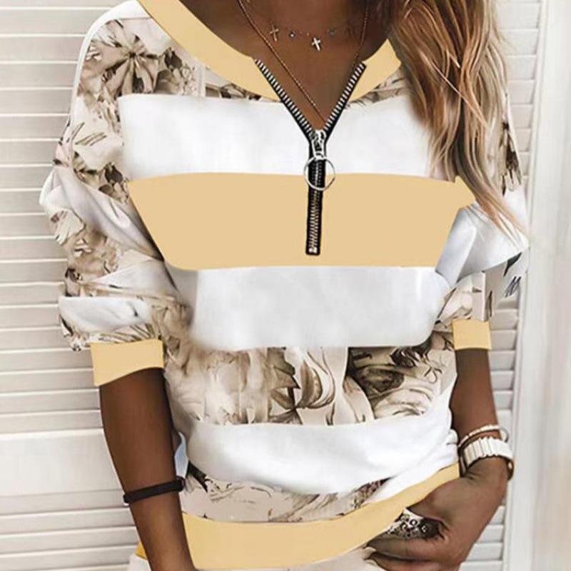 2021 Spring & Autumn Women's Striped Zipper T-shirt - Digital Print Casual Top