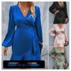 Fashion Elegant Women Satin Mini Dress Long Puff Sleeve Vestidos V-Neck Bandage Ruffled Party Sundress