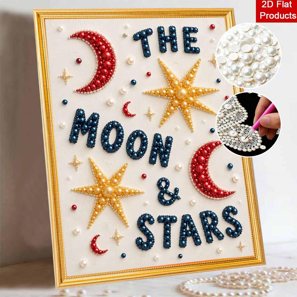 Unique 5D Framed Pearl Painting Kit with Moon and Stars Pattern Sparkling Bead Art Canvas DIY Handmade Craft for Living Room Decor