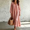 Summer new lace V-neck cotton and linen dress for women, loose long-sleeved vacation style solid color medium and long skirt