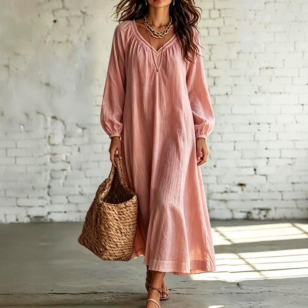 Summer new lace V-neck cotton and linen dress for women, loose long-sleeved vacation style solid color medium and long skirt