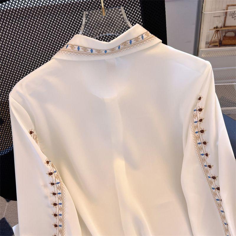 Women Ethnic Embroidered Long Sleeve Blouse Loose Fit French Style Professional Office Shirt