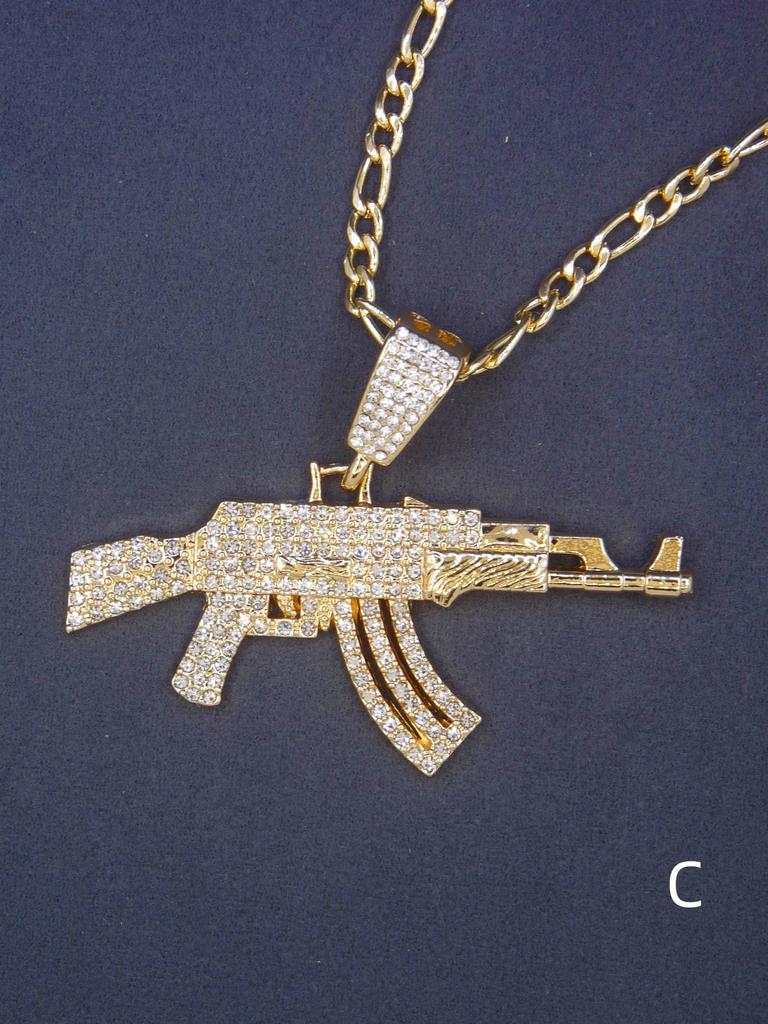 Men's Hip Hop 14K Gold Plated AK Gun Pendant Necklace Rhinestones Daily Party Wear Fashion Zircon Accessory