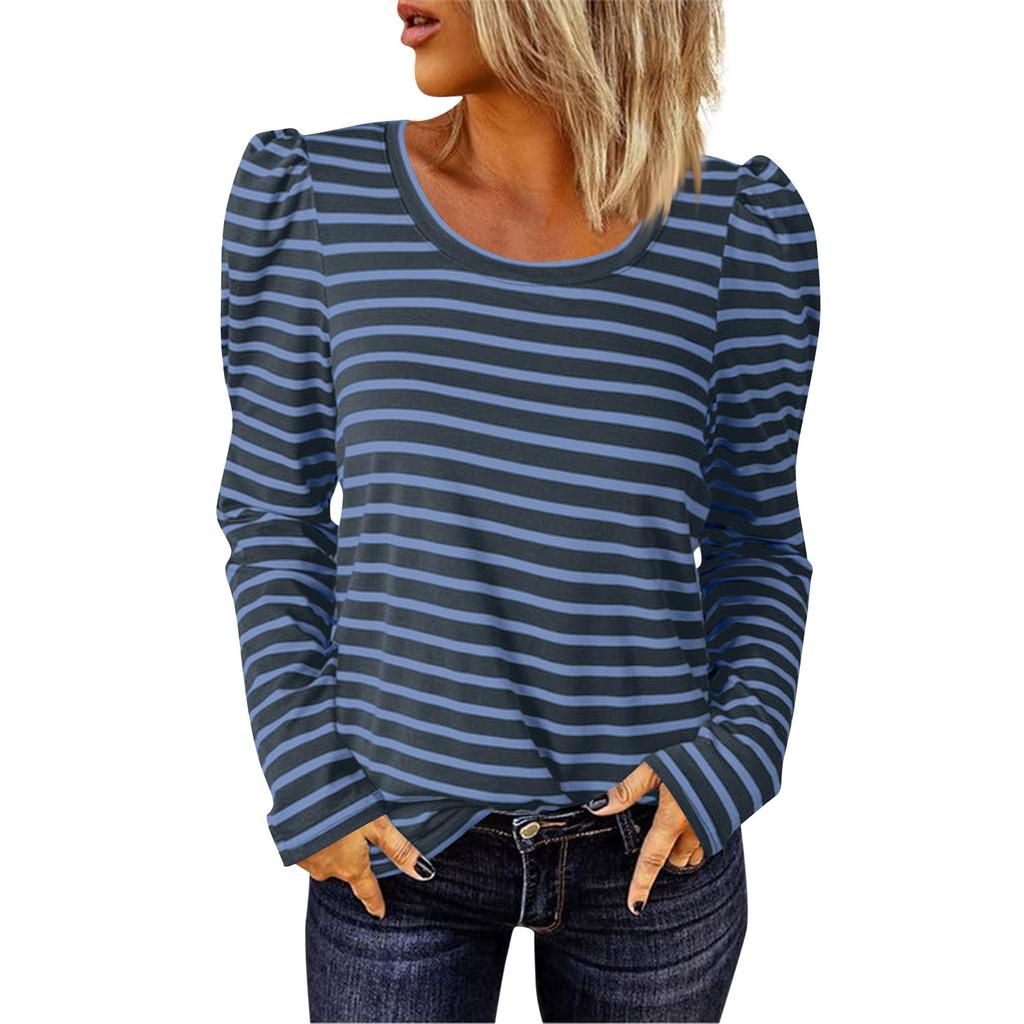 Women's Long Sleeve Lapel V Neck Striped Loose Tops Sweatshirt, Long Sleeve Color Block T-Shirt Casual Tops