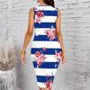 Women Plus Size Sleeveless Round Neck Midi Bodycon Dress White Base Blue Floral Print Slim Fit Dress
