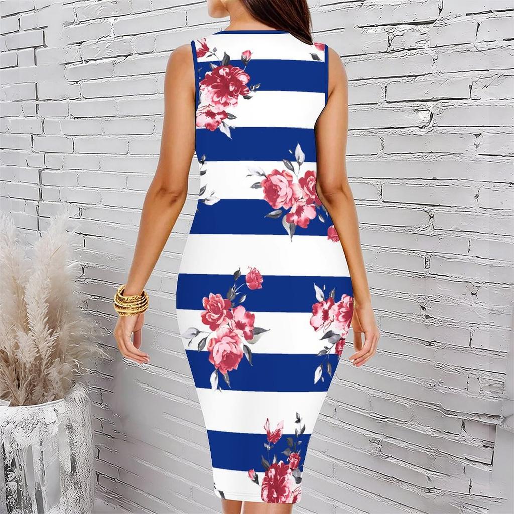 Women Plus Size Sleeveless Round Neck Midi Bodycon Dress White Base Blue Floral Print Slim Fit Dress