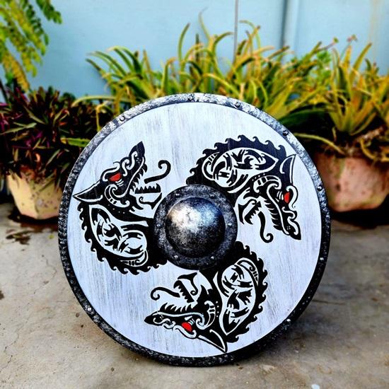 60.96 Cm Wooden Shield Dragon Print Medieval Viking Shield Replica Valhalla Shield Fenrir Gray Battle Worn Shield
