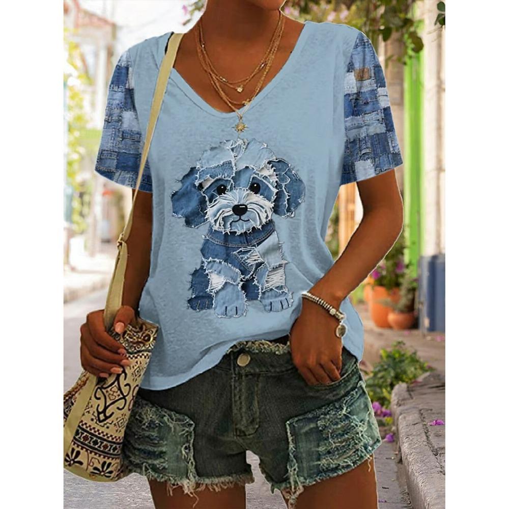 Women's T Shirt Graphic Animal Vintage Stylish Classic Short Sleeve V Neck Regular Tops Daily Print Woman Clothes Tops for Woman