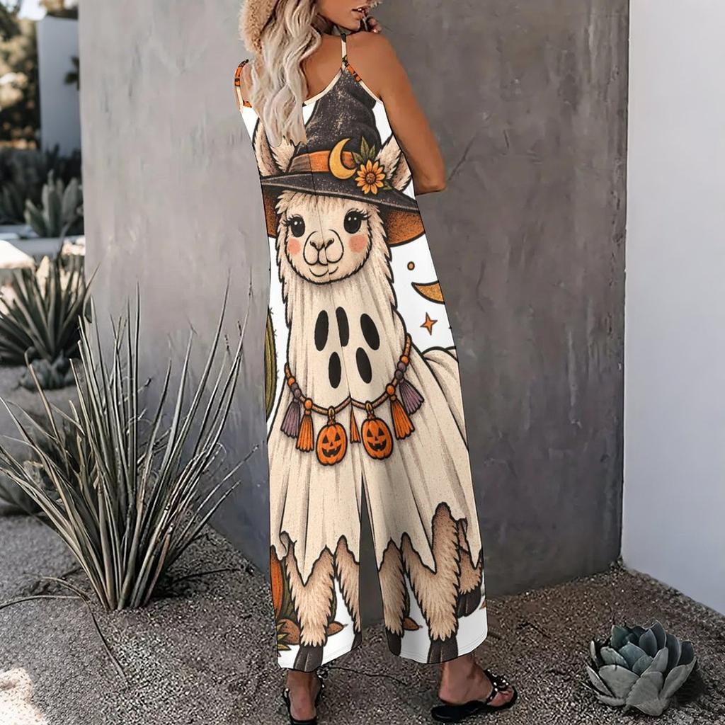 Women Spaghetti Strap Jumpsuit Camping Car Campfire Pumpkin Bat Halloween Print Wide Leg Pants With Pockets