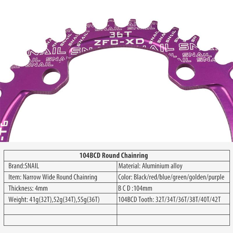 SNAIL Zębatka 104BCD Szosowa MTB Rower Górski Jednorzędowa Okrągła Narrow Wide Zębatka 32T 34T 36T 38T 40T 42T