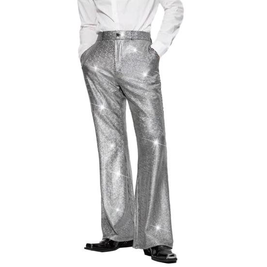 

Мужские брюки с блестящими пайетками, прямые, широкие, свадебные брюки с карманами, для ночного клуба, танцев, ролевых игр, длинные брюки, уличная одежда XL серебряный
