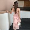 Women's Summer French Print Sexy Halter Long Waist Dress