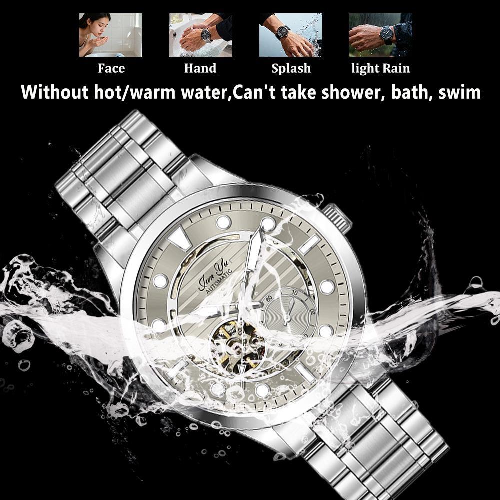 Mens Automatic Mechanical Watch Grey Skeleton Dial Luminous Hands Waterproof Business Wristwatch