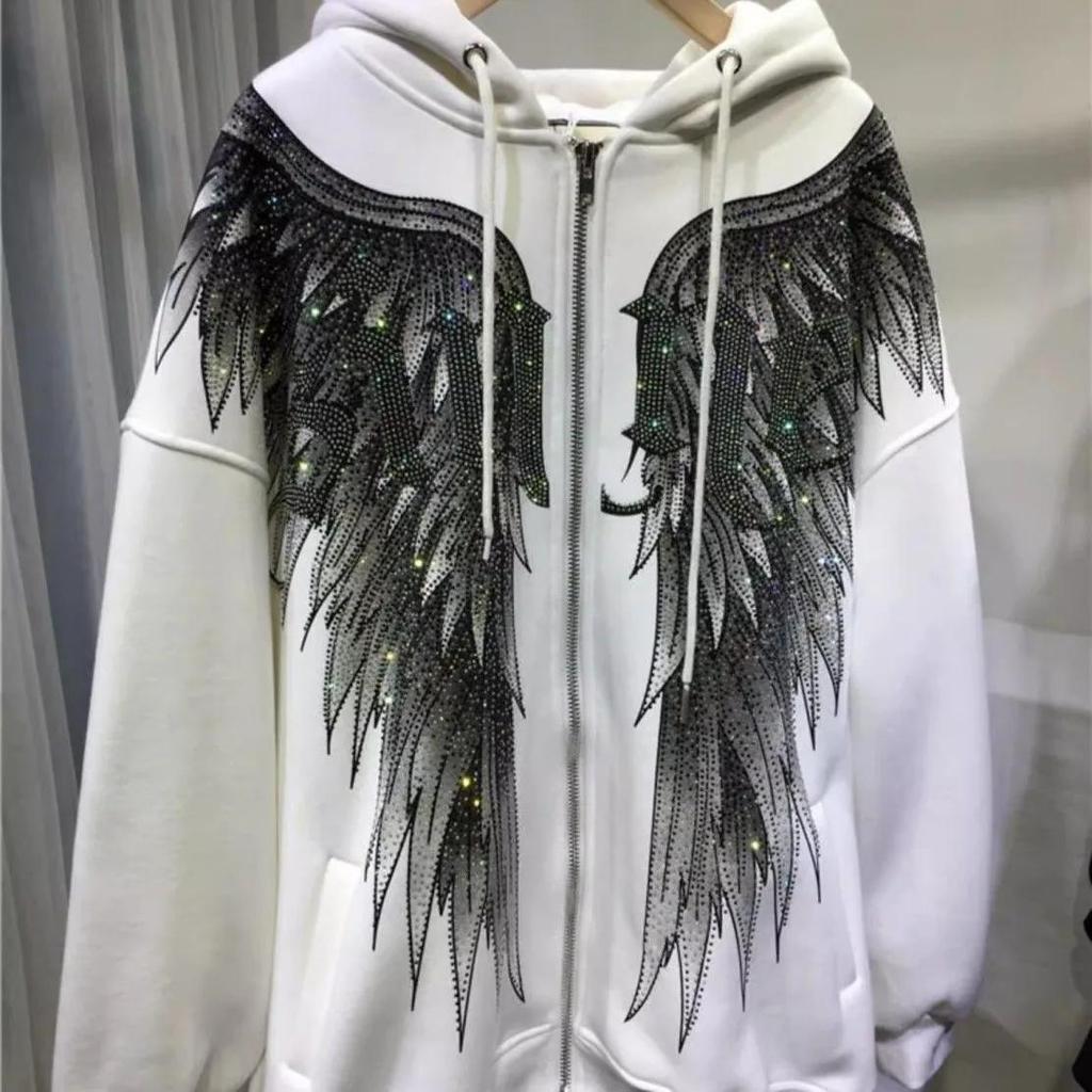 Spring Women's Fashionable and Casual Hooded Thin Sweatshirt with Rhinestone Wings Decoration